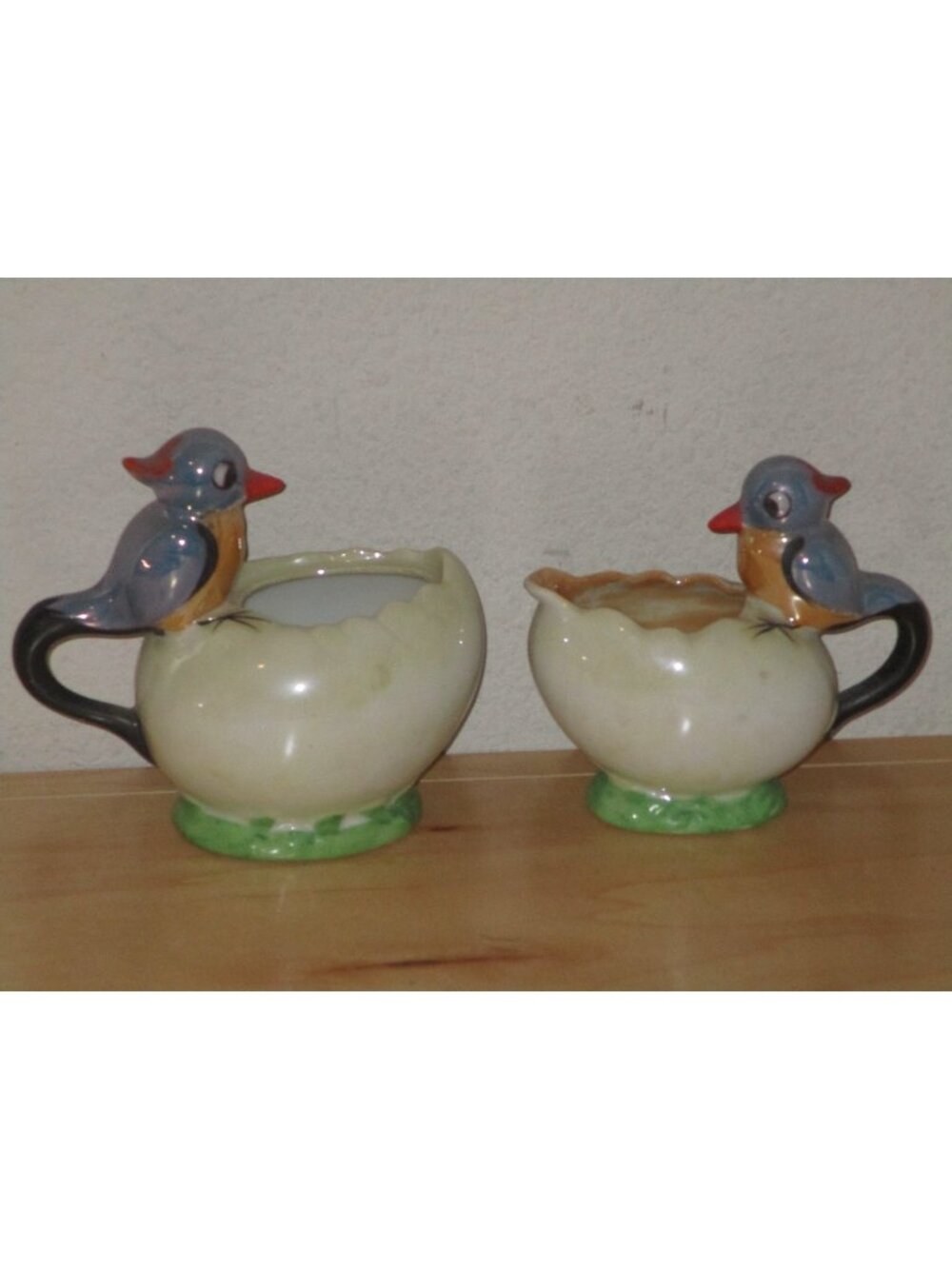 Blue Bird Hand Painted Ceramic Cracked Egg Sugar Container and Small Creamer
